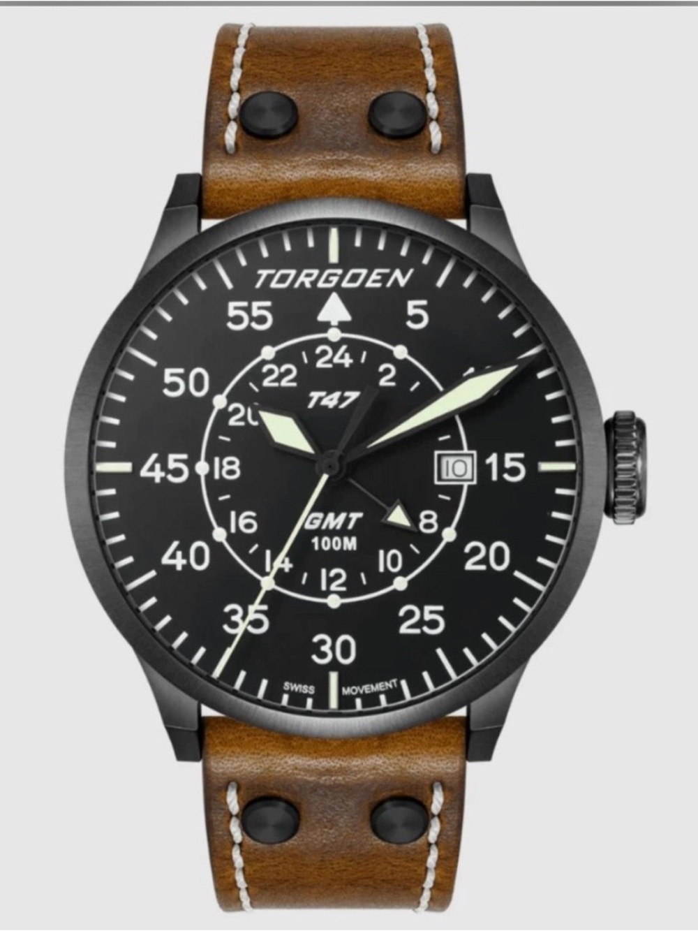 NIB Torgeon TN-1210 T47 Jumbo Black sapphire GMT 47mm Men’s Leather Watch.